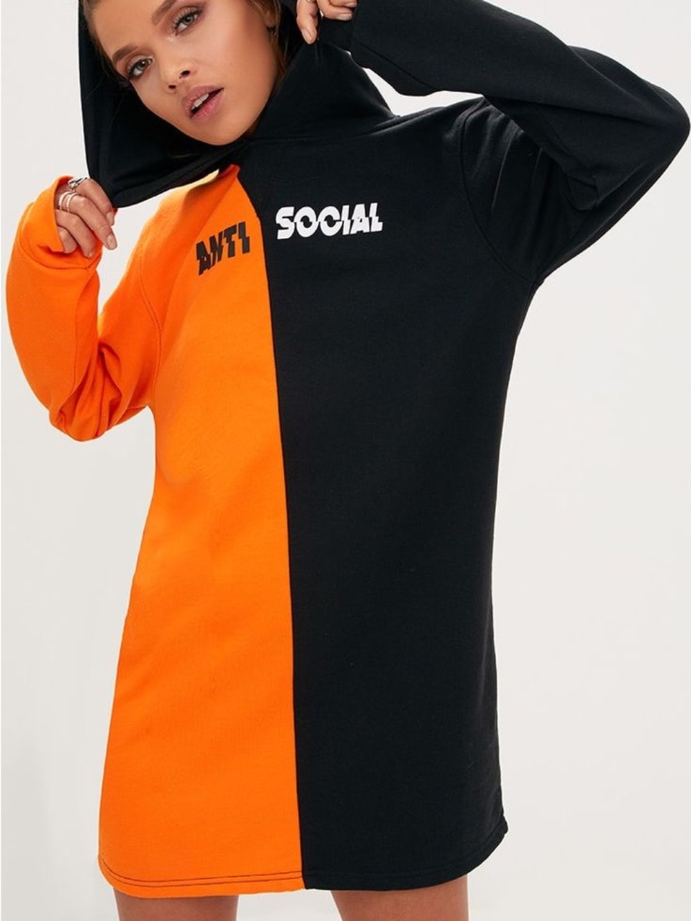 PrettyLittleThing Black and Orange Graphic Hoodie Dress